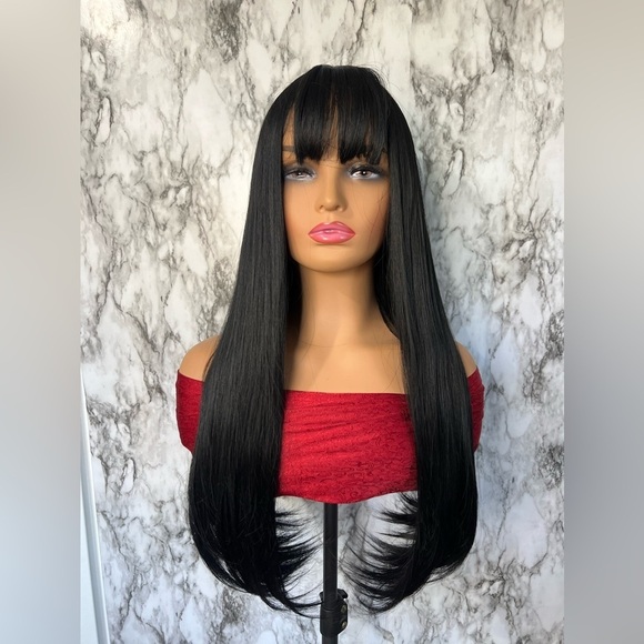 33 Inch Long Black Wig With Bangs Thick beautiful Hair - Picture 1 of 11